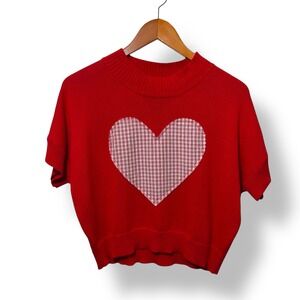 PAPPERMOON Red Knit Cropped Sweater Gingham Heart Short Sleeve Womens M